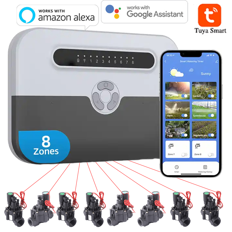 Smart Garden Monitoring System - ตัวควบคุมสปริงเกอร์อัจฉริยะในอาคารแบบ WiFi 8 สถานี และระบบวาล์วโซลินอยด์สำหรับการชลประทาน ควบคุมระยะไกลผ่านโทรศัพท์