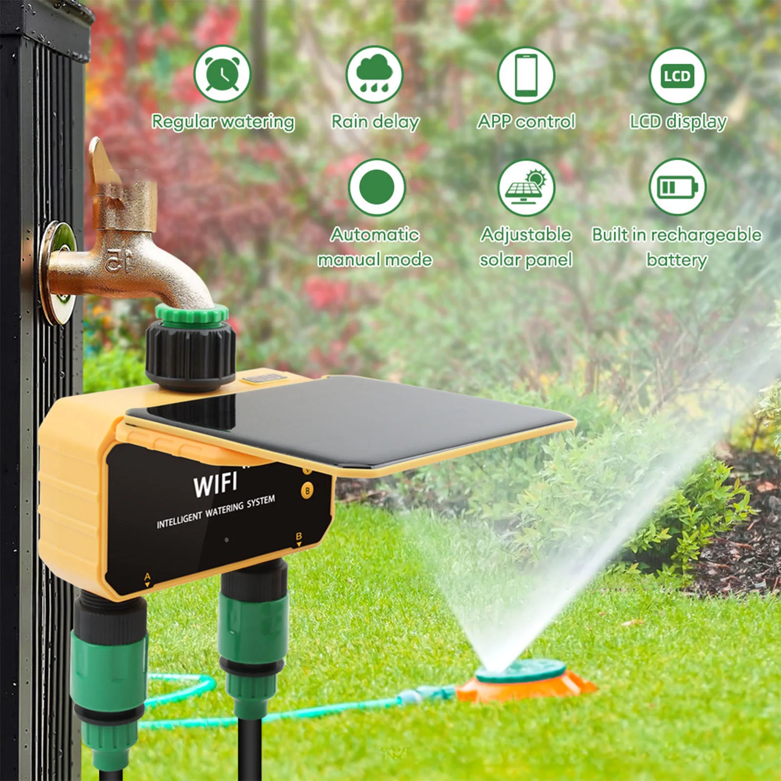 Smart Garden Irrigation - ตัวตั้งเวลาควบคุมการรดน้ำอัจฉริยะแบบโซลาร์ไวไฟ พร้อมฟังก์ชั่นตรวจจับฝน ควบคุมผ่านแอพพลิเคชั่น 2 ช่องจ่ายน้ำ สำหรับสวนและสนามหญ้า